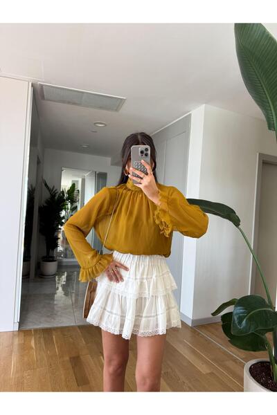 MERVE AKSOY Şifon Fırfır Detaylı Bluz-Yağ Yeşili