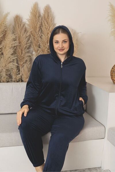 Asel Large Size Navy Blue Color Pocketed Hooded Stretch Fabric Velvet Suit