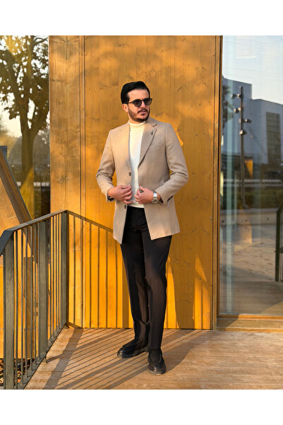 Avni Ceylan Modern Hakim Collar Men's Slim Fit Cashmere Coat