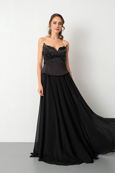 Lafaba Kadın Siyah Straplez Yaka Taşlı Peplum Detay Uzun Abiye Elbise