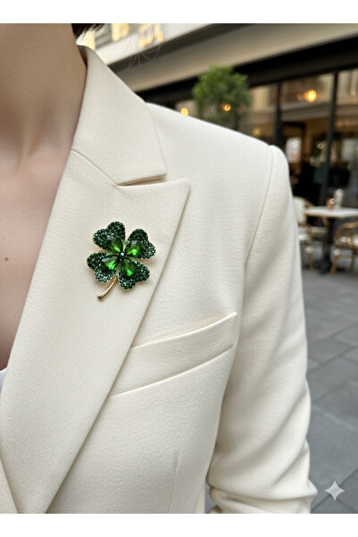 iz accessories 16 4 Yapraklı Yonca Broş - Yeşil Kristal Taşlı, Altın Kaplama Şans Takısı