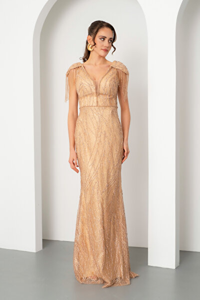 Lafaba Kadın Gold Dar Kalıp Omuz Detay Simli Uzun Abiye Elbise