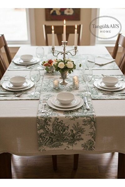 Tangül&Ali'S Moda Evi 14 Parça Yeşil Fransız Köylü Desen Masa Örtüsü, Kokteyl Peçetesi Amerikan Servis ve Runner Seti