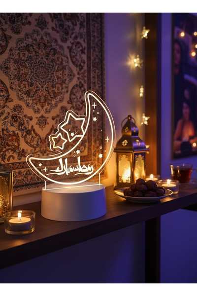 co arma Ramadan Mubarak LED lamp, crescent and star design, Islamic decorative lighting, white USB base