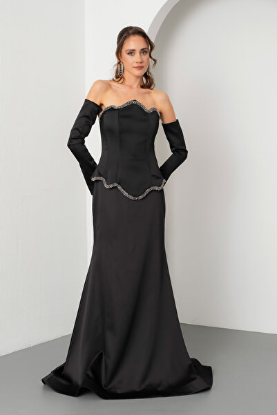 Lafaba Women's Black Slim Fit Strapless Stone Satin Mermaid Evening Dress