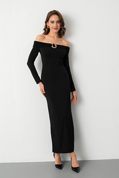 Lafaba Kadın Siyah Madonna Yaka Aksesuar Detay Davet Elbisesi