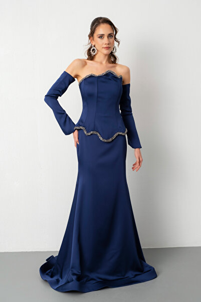Lafaba Kadın Lacivert Straplez Taşlı Saten Balık Abiye Elbise