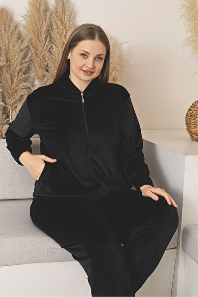 Asel Large Size Black Color Pocket Hooded Stretch Fabric Velvet Set