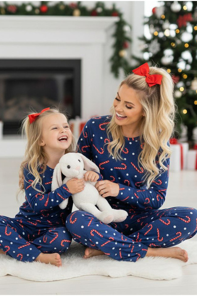 Siyah İnci Navy Blue 100% Cotton Candy Cane Patterned Christmas Themed Knitted Pajama Set