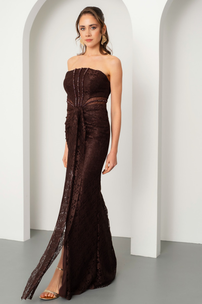 Lafaba Kadın Kahverengi Straplez Yırtmaçlı Dantel Detay Uzun Abiye Elbise
