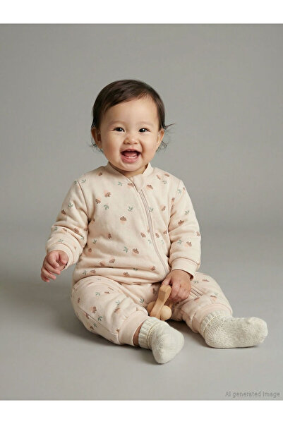 LC Waikiki Beige 2.5 Tog Crew Neck Long Sleeve Baby Girl Jumpsuit