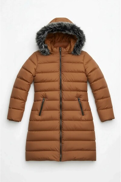 Talsmoda Women's Brown Long, Hooded Light Puffer Coat – Fur, Zipper, Winter