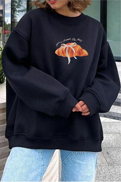 CAST COLLECTİON Дамска черна блуза с принт на череши и велосипедна яка