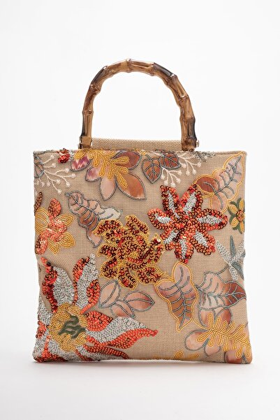 Lizy Shoes Geantă de damă cu mâner din bambus și paiete brodate