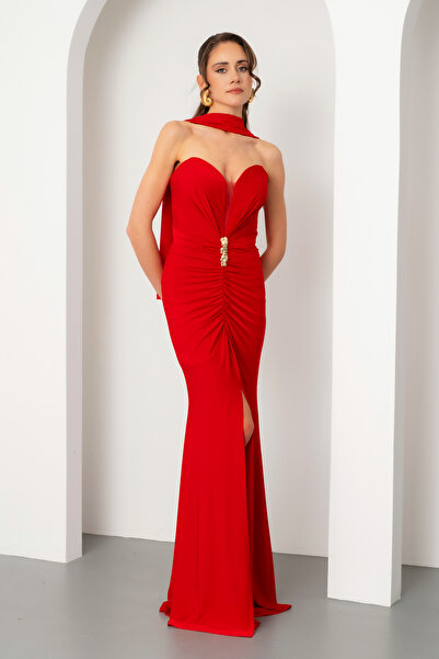 Lafaba Rochie de seară lungă cu fantă pentru femei, roșie, fără bretele, cu detaliu șal, cu decolteu