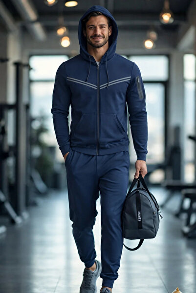 COMBİNE MİCHAİL Men's Striped Loose Sport Blue Tracksuit Set