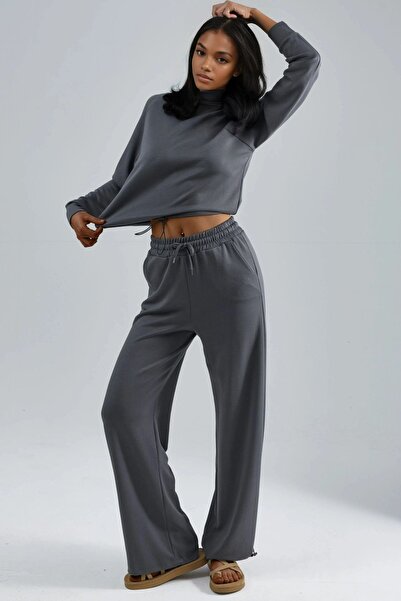Hiccup Modal Textured Mock Neck Blouse & Elasticated Pants Set Berşan Collection