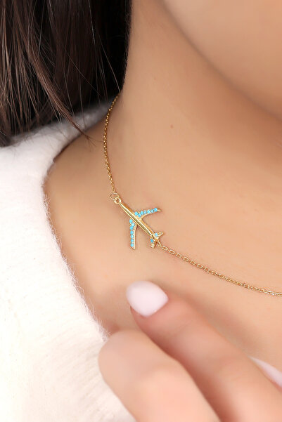 LİNOVE JEWELLERY 925 Ayar Gümüş Uçak Kolye, Gümüş Gold Kaplamalı Uçuş Kolyesi...