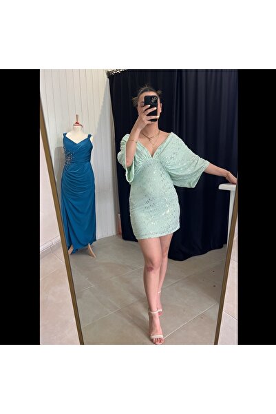 Buket Su yeşili yarsa kol mini elbise