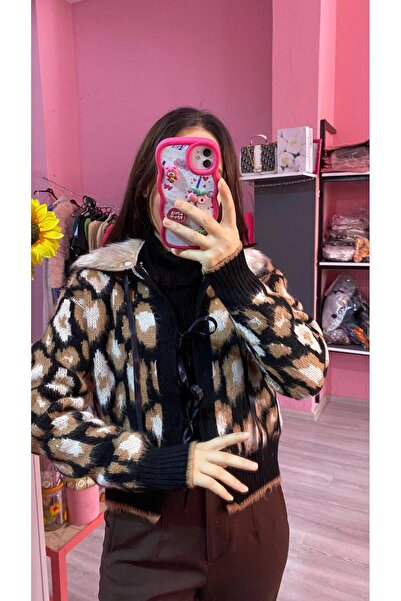 EGELİMODA Leopard Knit Cardigan with Fur Collar