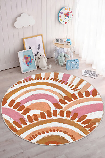 Realhomes Canlı Renklerde Retro Daire Desenli Yuvarlak Çocuk Odası Yıkanabili...