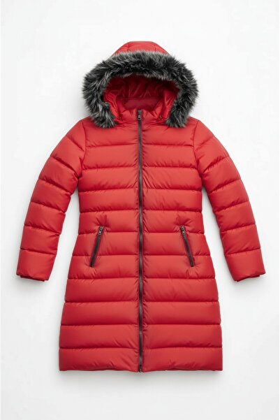 Talsmoda Women's Red Long, Hooded Lightweight Puffer Coat – Fur Lined, Zippered, Winter