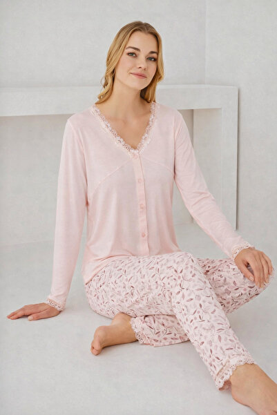 Tusebu Lace V-Neck Buttoned Powder Women's Pajama Set – Long Sleeve