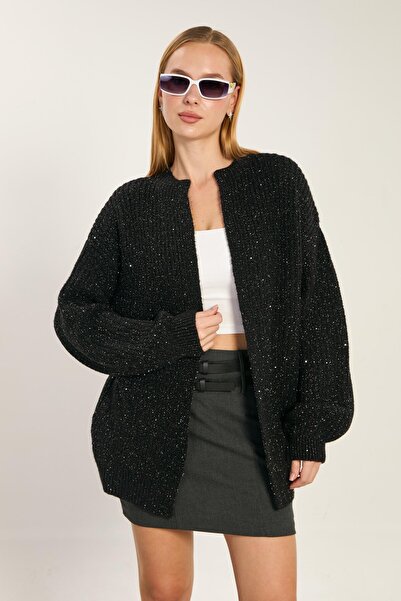 BARRELS AND OIL Kadın Sakallı Simli Uzun Kollu Triko Hırka - Siyah