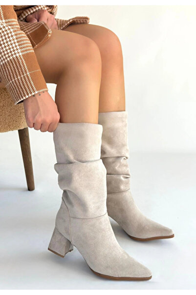 Erbilden TİTEN BEJ SÜET KÖRÜKLÜ TOPUKLU ÇİZME