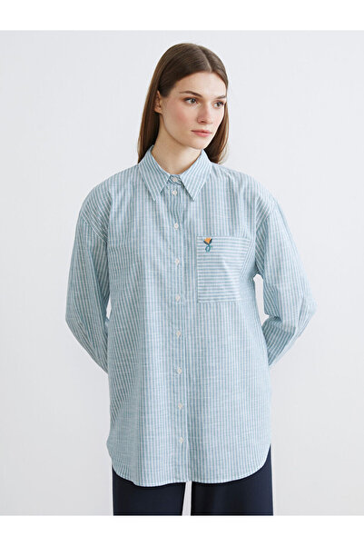 LC Waikiki LCW Modest Green Striped Oversize Poplin Cămașă-Tunică pentru femei