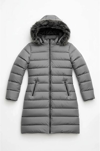 Talsmoda Women's Grey Long, Hooded Light Puffer Coat – Fur, Zipper, Winter