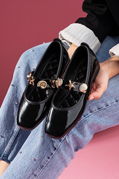 FUGA MODA Marina Black Patent Leather Seashell Star Accessory Strap Ballerinas