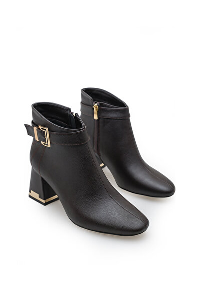 Women Lay-z Cizme de zi cu zi elegante pentru femei, maro, aspect de piele piele, vârf pătrat, toc de 6,5 cm, cu cataramă aurie