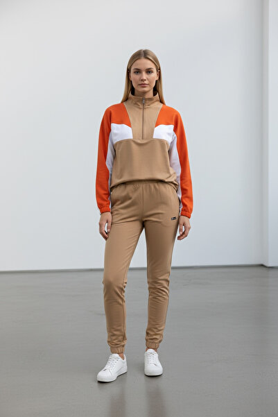 Piyera Women's Beige Mock Neck Zippered Two Thread Tracksuit Set - 77744