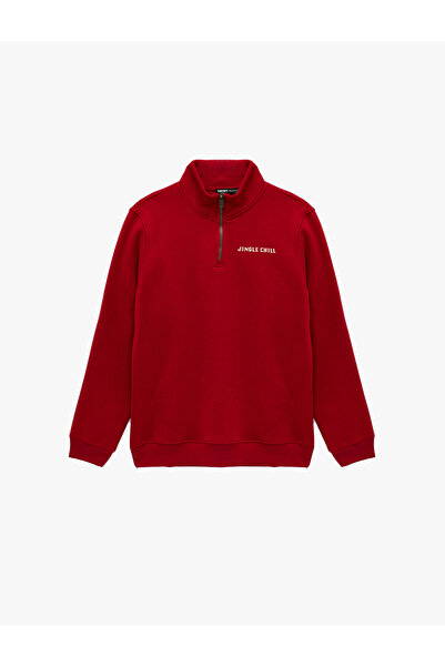 Koton Long Sleeve Fleece-Lined Half Zipper New Year Printed Sweatshirt