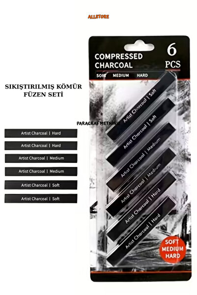 ALLStore Sıkıştırılmış Kömür Füzen Seti 6'LI Paket Siyah Kare Press Kömür Füz...