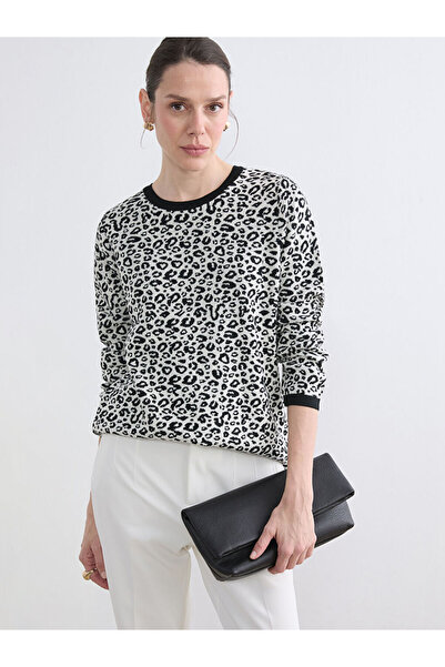 LC Waikiki Lcw Grace Ecru Crew Neck Leopard Print Women's Knitwear Sweater