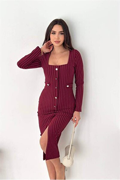 Neşeli Butik Women's Striped Pattern Square Collar Midi Length Button Detaile...