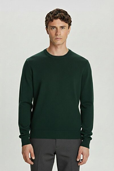 Sabri Özel Haki Regular Fit Yünlü Bisiklet Yaka Triko Kazak