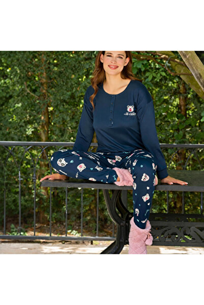 Tusebu Women's Navy Blue “So Cute” Long Sleeve Top + Patterned Bottom Pajama Set