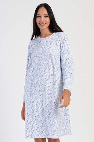 VİENETTA Women's Blue Long Sleeve 2 Thread 100% Cotton Nightgown C8T0N7161