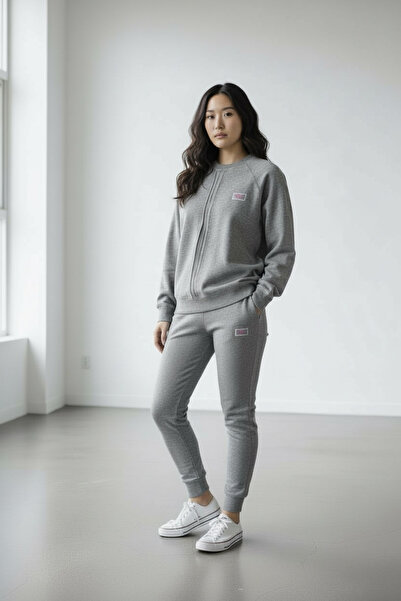 Piyera Women's grey two-thread elastic cuff crew neck tracksuit set - 76433