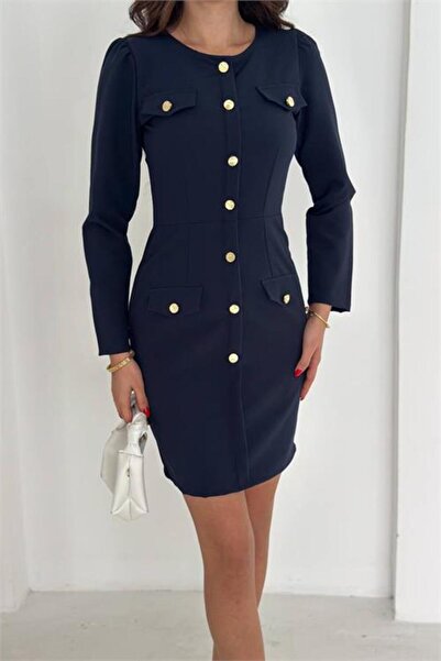 Neşeli Butik γυναικείο μίνι φόρεμα με μακρυμάνικο χρυσό κουμπί NBK4388