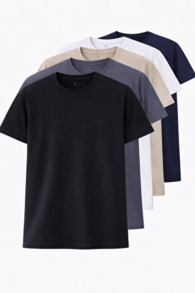 freemen Tricou pentru bărbați, negru-alb-albastru închis-antracit-bej, model normal guler rotund bumbac 100% Set de basic tricouri din 5 piese