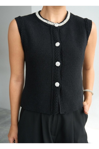 HARMONISTIL Yakası Taşlı Düğmeli Yelek