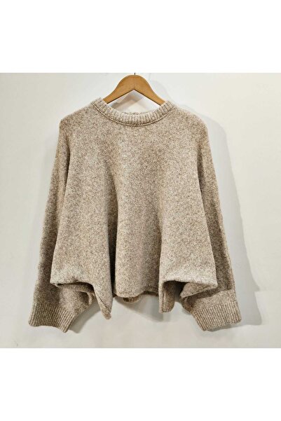 kikirik Kadın Oversize Yumoş Yarasa kol Kazak - Bej