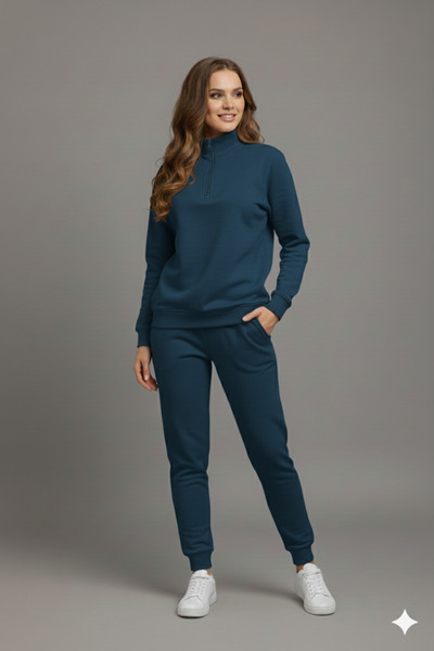 LiyAdaCo Unisex Petrol Blue Half Zipper Bottom Top Tracksuit Set