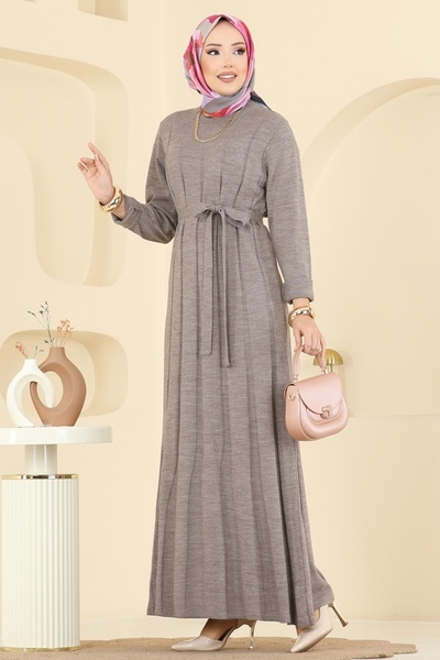 ModaMerve Beli Bağcık Detaylı Elbise 004MT581-MS Koyu Vizyon