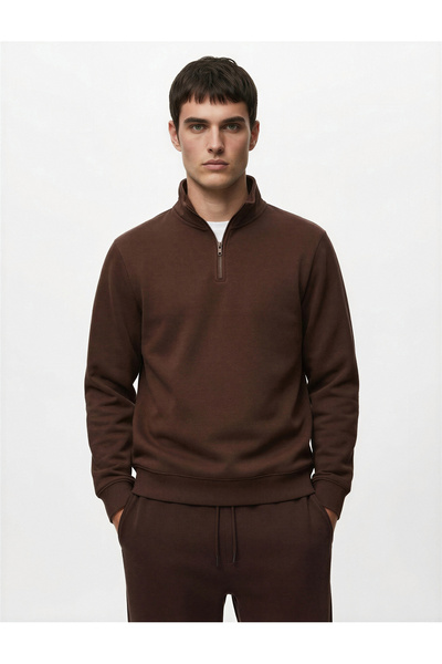 Koton Cotton Long Sleeve Half Zipper Mock Neck Sweatshirt