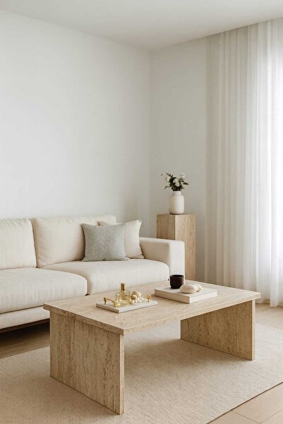 Woody Home Traverten Orta Sehpa, Mermer Desenli, İskandinav Stil, Bohem, 100x45